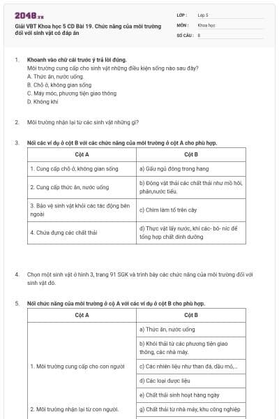 Giải VBT Khoa học 5 CD Bài 19. Chức năng của môi trường đối với sinh vật có đáp án