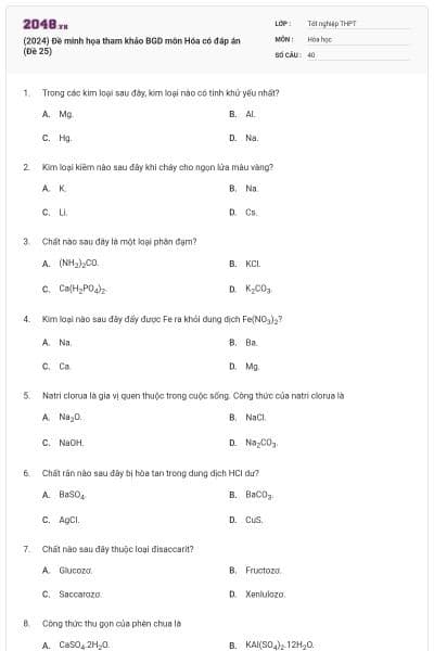 (2024) Đề minh họa tham khảo BGD môn Hóa có đáp án (Đề 25)