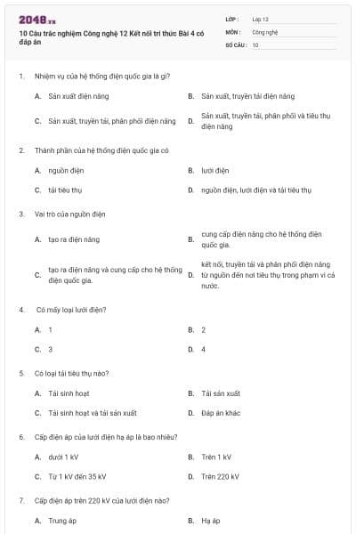 10 Câu trắc nghiệm Công nghệ 12 Kết nối tri thức Bài 4 có đáp án