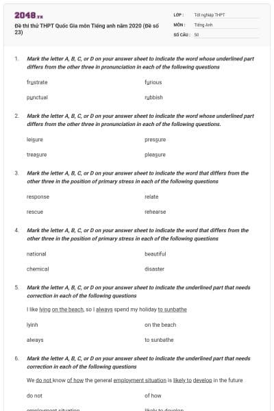Đề thi thử THPT Quốc Gia môn Tiếng anh năm 2020 (Đề số 23)