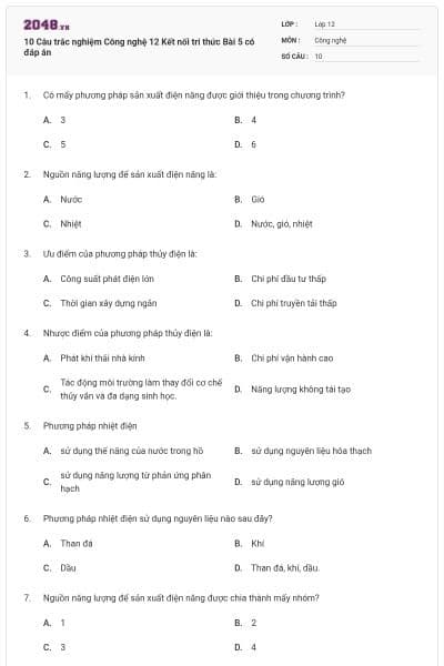 10 Câu trắc nghiệm Công nghệ 12 Kết nối tri thức Bài 5 có đáp án