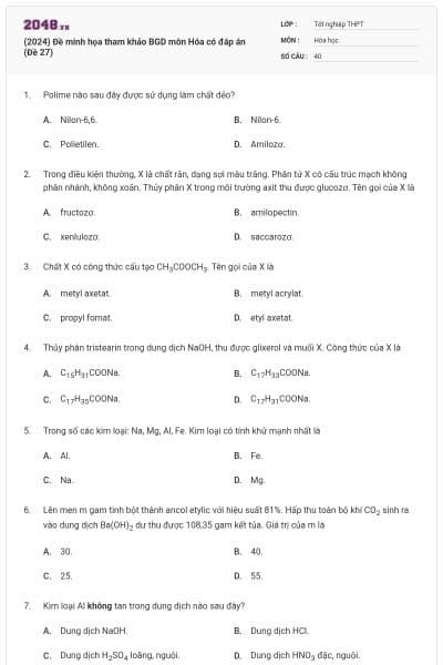 (2024) Đề minh họa tham khảo BGD môn Hóa có đáp án (Đề 27)