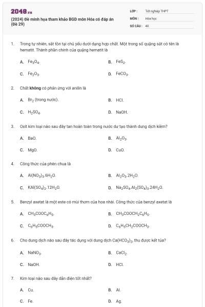 (2024) Đề minh họa tham khảo BGD môn Hóa có đáp án (Đề 29)