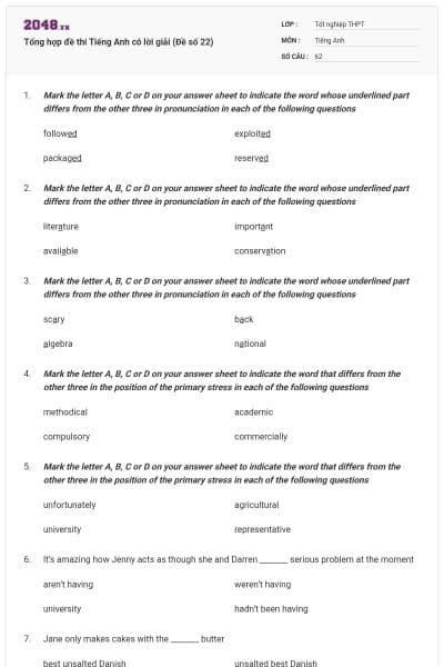 Tổng hợp đề thi Tiếng Anh có lời giải (Đề số 22)