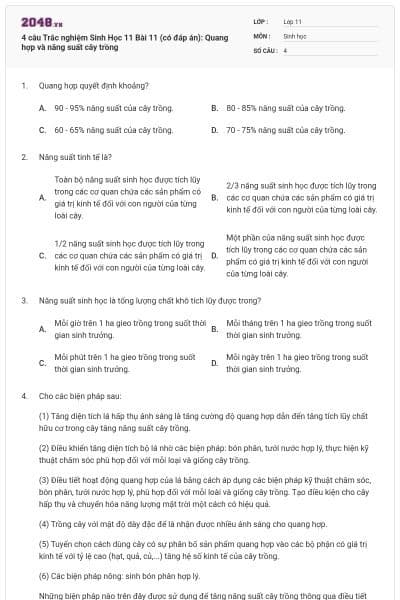 4 câu Trắc nghiệm Sinh Học 11 Bài 11 (có đáp án): Quang hợp và năng suất cây trồng