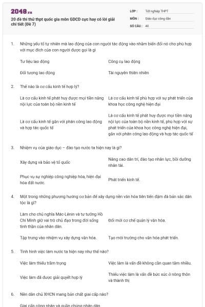 20 đề thi thử thpt quốc gia môn GDCD cực hay có lời giải chi tiết (Đề 7)