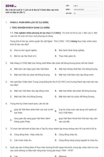Bộ 2 đề thi cuối kì 1 Lịch sử & Địa lý 9 Cánh diều cấu trúc mới có đáp án (Đề 1)