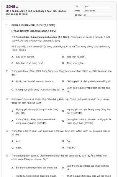 Bộ 2 đề thi cuối kì 1 Lịch sử & Địa lý 9 Cánh diều cấu trúc mới có đáp án (Đề 2)