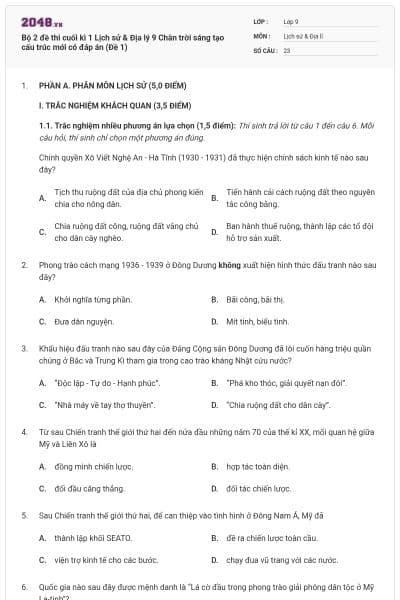 Bộ 2 đề thi cuối kì 1 Lịch sử & Địa lý 9 Chân trời sáng tạo cấu trúc mới có đáp án (Đề 1)