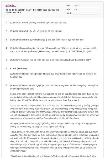 Bộ 10 đề thi cuối kì 1 Văn 11 Kết nối tri thức cấu trúc mới có đáp án - Đề 1