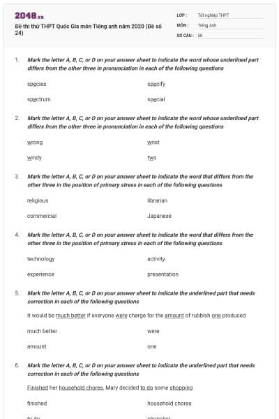 Đề thi thử THPT Quốc Gia môn Tiếng anh năm 2020 (Đề số 24)