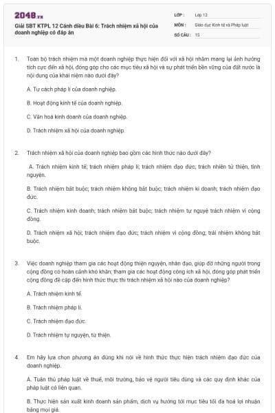 Giải SBT KTPL 12 Cánh diều Bài 6: Trách nhiệm xã hội của doanh nghiệp có đáp án
