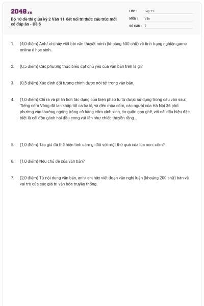 Bộ 10 đề thi giữa kỳ 2 Văn 11 Kết nối tri thức cấu trúc mới có đáp án - Đề 6
