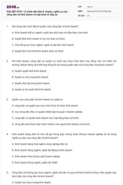 Giải SBT KTPL 12 Cánh diều Bài 8: Quyền, nghĩa vụ của công dân về kinh doanh và nộp thuế có đáp án