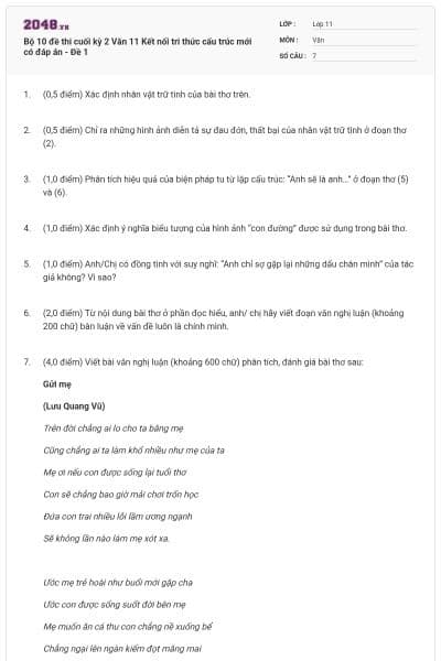 Bộ 10 đề thi cuối kỳ 2 Văn 11 Kết nối tri thức cấu trúc mới có đáp án - Đề 1