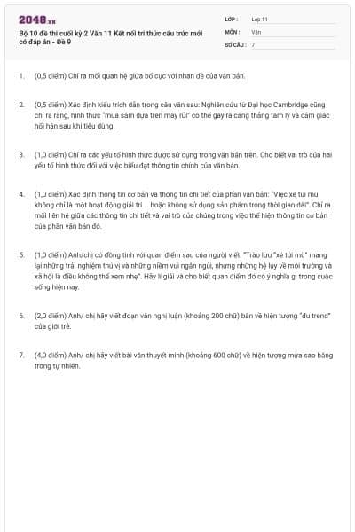 Bộ 10 đề thi cuối kỳ 2 Văn 11 Kết nối tri thức cấu trúc mới có đáp án - Đề 9