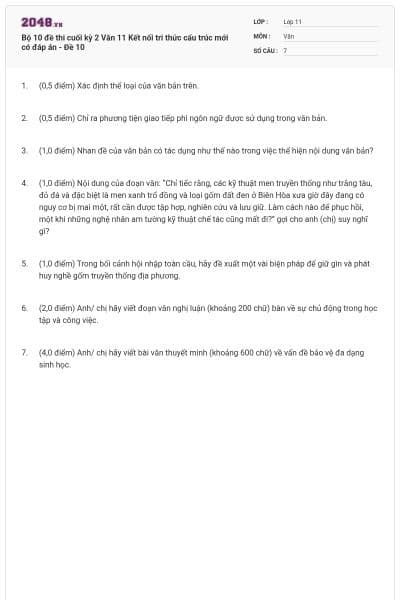 Bộ 10 đề thi cuối kỳ 2 Văn 11 Kết nối tri thức cấu trúc mới có đáp án - Đề 10