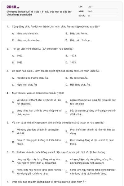 Đề cương ôn tập cuối kì 1 Địa lí 11 cấu trúc mới có đáp án - Đề kiểm tra tham khảo