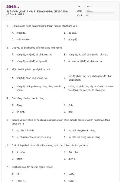 Bộ 5 đề thi giữa kì 1 Hóa 11 Kết nối tri thức (2023-2024) có đáp án - Đề 4
