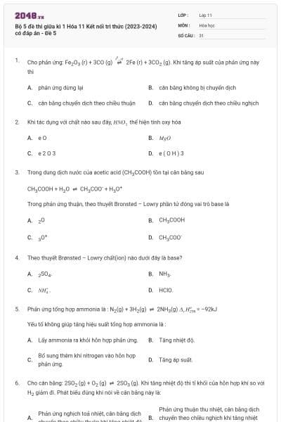 Bộ 5 đề thi giữa kì 1 Hóa 11 Kết nối tri thức (2023-2024) có đáp án - Đề 5