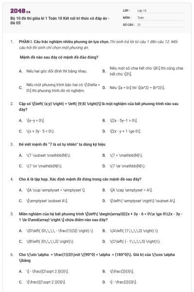 Bộ 10 đề thi giữa kì 1 Toán 10 Kết nối tri thức có đáp án - Đề 05