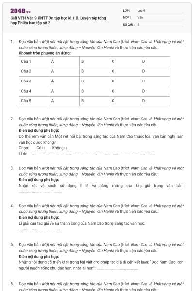 Giải VTH Văn 9 KNTT Ôn tập học kì 1 B. Luyện tập tổng hợp Phiếu học tập số 2