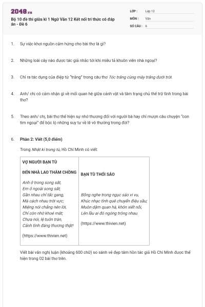 Bộ 10 đề thi giữa kì 1 Ngữ Văn 12 Kết nối tri thức có đáp án - Đề 6