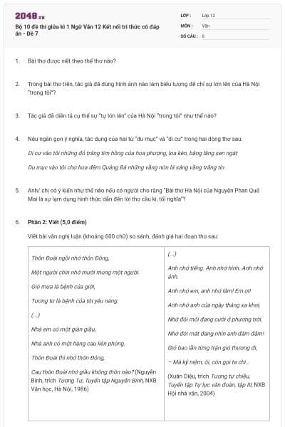 Bộ 10 đề thi giữa kì 1 Ngữ Văn 12 Kết nối tri thức có đáp án - Đề 7