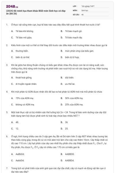 (2024) Đề minh họa tham khảo BGD môn Sinh học có đáp án (Đề 26)