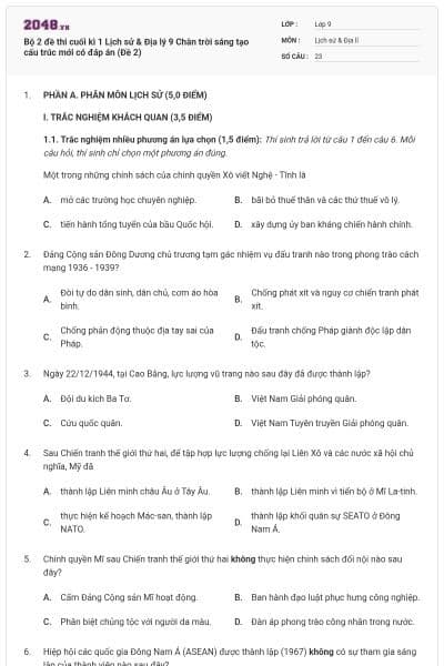 Bộ 2 đề thi cuối kì 1 Lịch sử & Địa lý 9 Chân trời sáng tạo cấu trúc mới có đáp án (Đề 2)