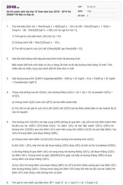 Đề thi tuyển sinh vào lớp 10 Toán năm học 2018 - 2019 Sở GD&ĐT Hà Nội có đáp án