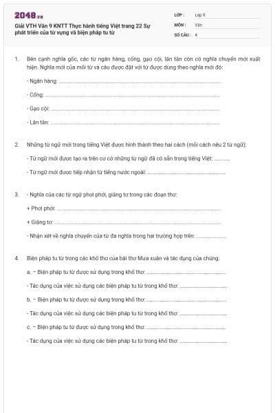 Giải VTH Văn 9 KNTT Thực hành tiếng Việt trang 22 Sự phát triển của từ vựng và biện pháp tu từ