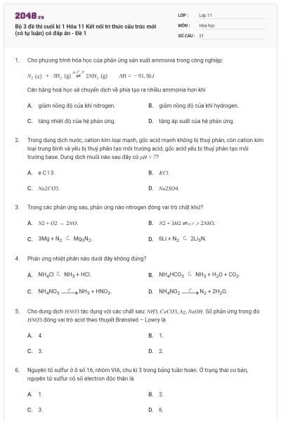 Bộ 3 đề thi cuối kì 1 Hóa 11 Kết nối tri thức cấu trúc mới (có tự luận) có đáp án - Đề 1