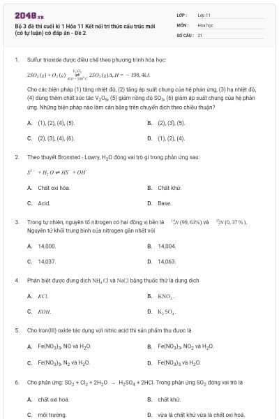 Bộ 3 đề thi cuối kì 1 Hóa 11 Kết nối tri thức cấu trúc mới (có tự luận) có đáp án - Đề 2