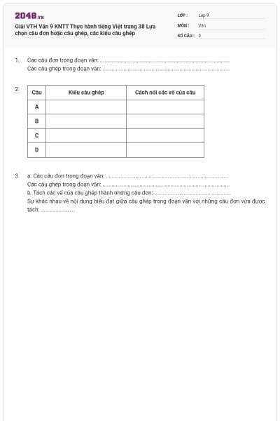 Giải VTH Văn 9 KNTT Thực hành tiếng Việt trang 38 Lựa chọn câu đơn hoặc câu ghép, các kiểu câu ghép