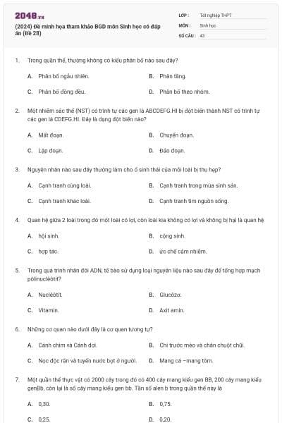 (2024) Đề minh họa tham khảo BGD môn Sinh học có đáp án (Đề 28)