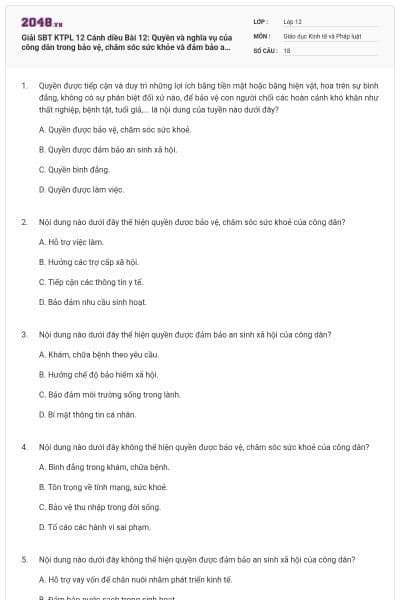 Giải SBT KTPL 12 Cánh diều Bài 12: Quyền và nghĩa vụ của công dân trong bảo vệ, chăm sóc sức khỏe và đảm bảo an sinh xã hội có đáp án