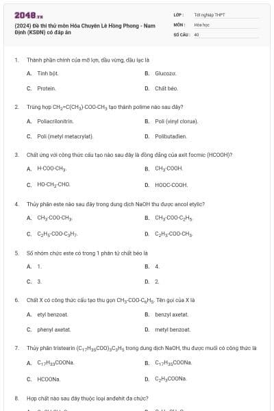 (2024) Đề thi thử môn Hóa Chuyên Lê Hồng Phong - Nam Định (KSĐN) có đáp án