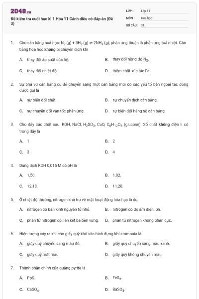 Đề kiểm tra cuối học kì 1 Hóa 11 Cánh diều có đáp án (Đề 3)