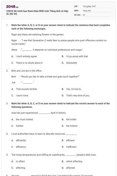 (2024) Đề minh họa tham khảo BGD môn Tiếng Anh có đáp án (Đề 34)