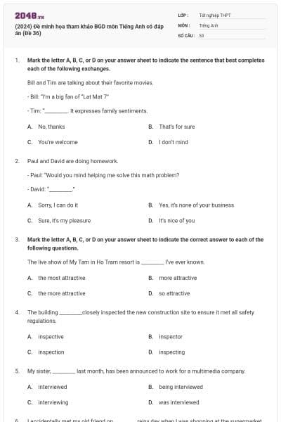 (2024) Đề minh họa tham khảo BGD môn Tiếng Anh có đáp án (Đề 36)
