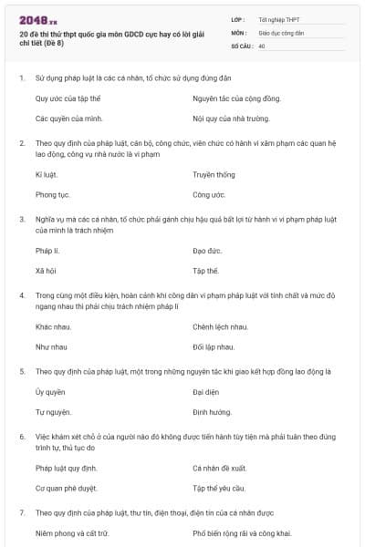20 đề thi thử thpt quốc gia môn GDCD cực hay có lời giải chi tiết (Đề 8)