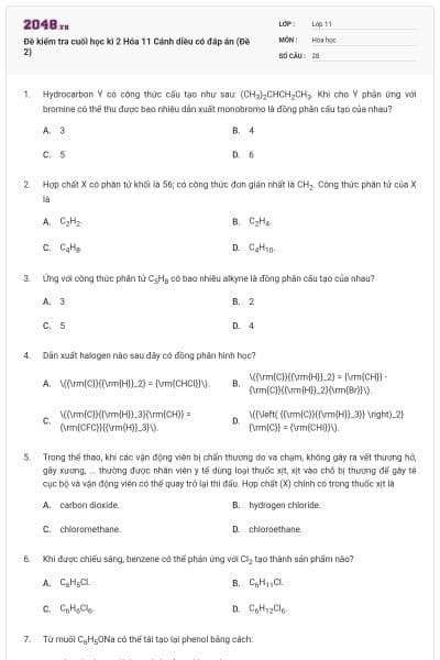 Đề kiểm tra cuối học kì 2 Hóa 11 Cánh diều có đáp án (Đề 2)