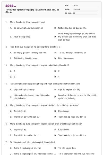 10 Câu trắc nghiệm Công nghệ 12 Kết nối tri thức Bài 7 có đáp án