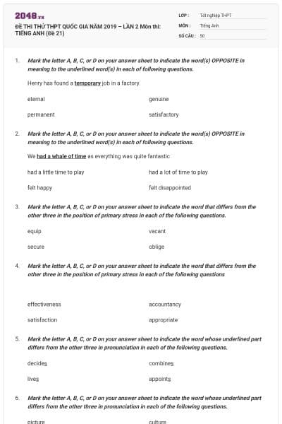 ĐỀ THI THỬ THPT QUỐC GIA NĂM 2019 – LẦN 2 Môn thi: TIẾNG ANH (Đề 21)