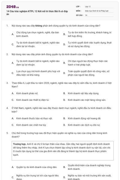14 Câu trắc nghiệm KTPL 12 Kết nối tri thức Bài 8 có đáp án