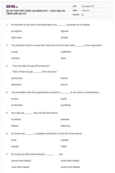 ĐỀ THI THỬ THPT QUỐC GIA NĂM 2019 – LẦN 2 Môn thi: TIẾNG ANH (Đề 22)