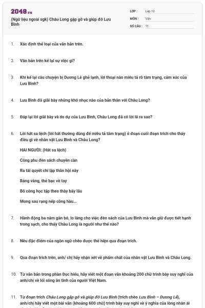 (Ngữ liệu ngoài sgk) Châu Long gặp gỡ và giúp đỡ Lưu Bình