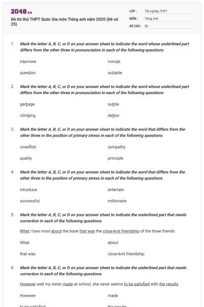Đề thi thử THPT Quốc Gia môn Tiếng anh năm 2020 (Đề số 25)