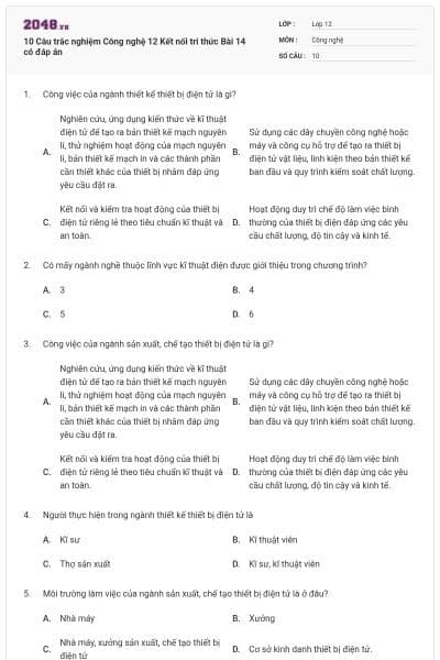 10 Câu trắc nghiệm Công nghệ 12 Kết nối tri thức Bài 14 có đáp án